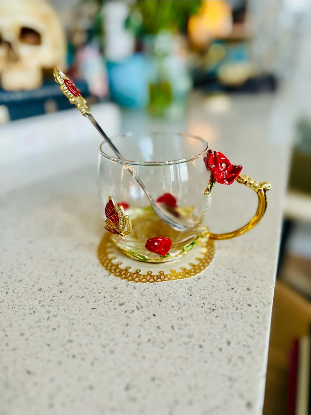 Ornate Gold & Glass Rose Teacup with Spoon